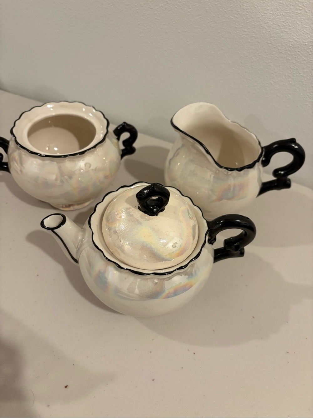 Iridescent White Ceramic Tea Set with Black Trim - 3-Piece Serveware
